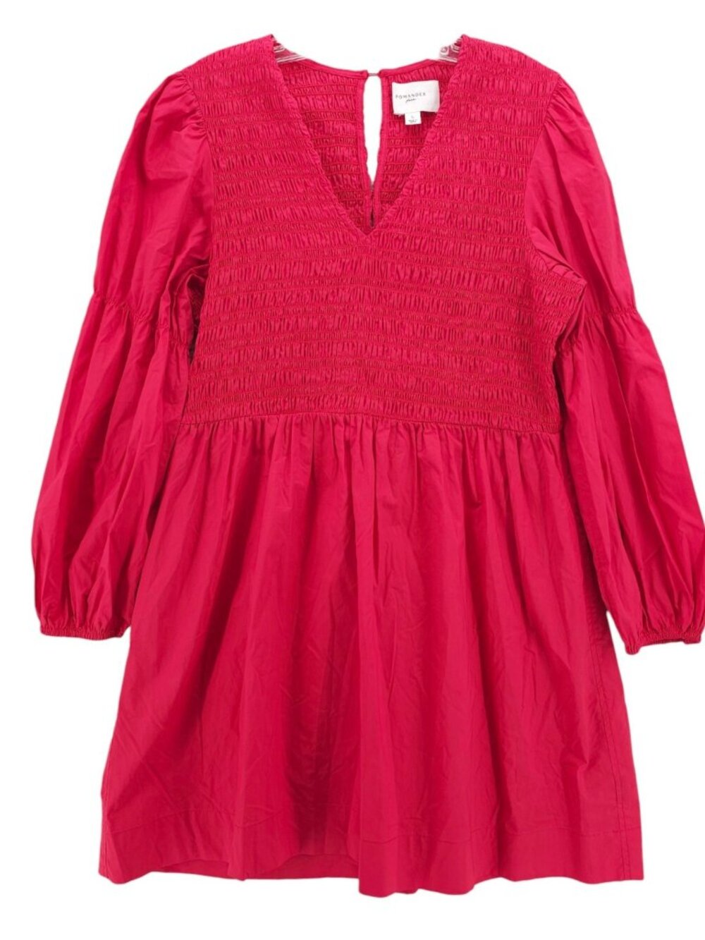POMANDER PLACE Red Smocked V-Neck Poplin Cotton Dress Puff Sleeve LARGE